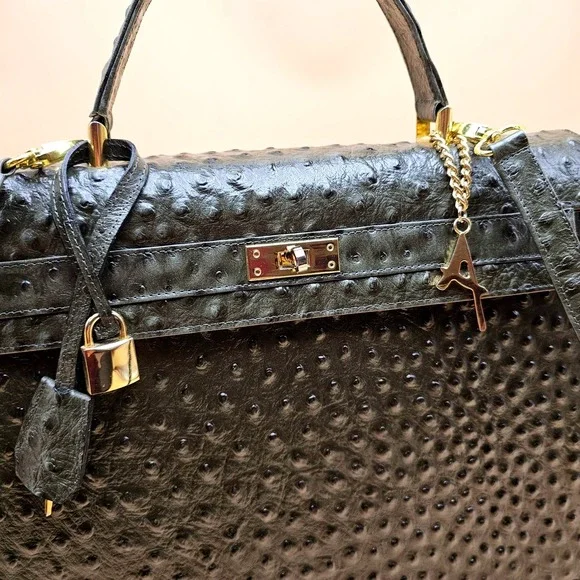 Andalossi Ostrich Embossed Leather Satchel Handbag With Lock‎ Charm and Dust Bag